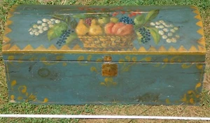 Antique folk art painted box chest original decorated 19th c. dome top pine wood - Picture 1 of 10