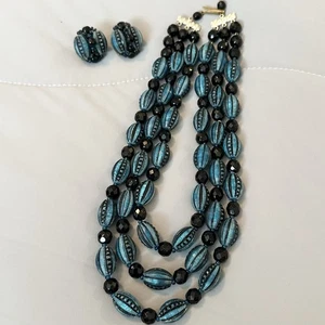 Vintage Set Art Deco Beaded 3 Strand Necklace & Clip On Earrings West Germany - Picture 1 of 10