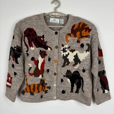 Cardigã suéter vintage opções de design gatos XL neutro ramie algodão novidade - Imagem 1 de 4