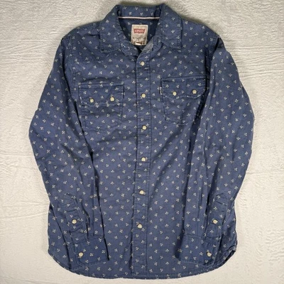 Camisa Levis S Azul Perla Botón a Presión Manga Larga Etiqueta Blanca Rara De Colección Años 70 Foto 1 de 4