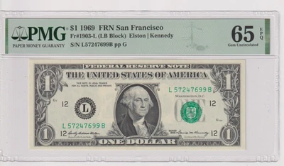 Fr 1903-L 1969 $1 FRN L57247699B PMG 65EPQ SAN FRANCISCO GREEN SEAL GEM CU - Image 1 of 2