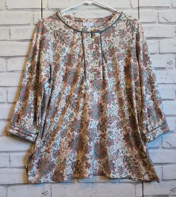 J. Jill Women's Size M Petite Pajama Shirt Beige Green Orange Button Front - Image 1 of 4