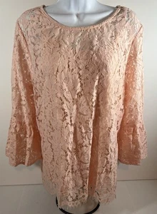 Roz & Ali Blouse Womens XL Peach/Pink Lace Overlay Bell Sleeve - Picture 1 of 12