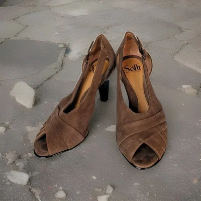 Zapatos de salón de tacón de cuña suave para mujer 6,5 M cuero topo punta abierta gamuza hebilla Foto 1 de 4