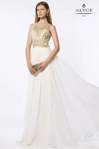 NWT Alyce Paris Gold Beaded Cutout Back Gown Dress Sz 000 White Sweep Train - Picture 1 of 4