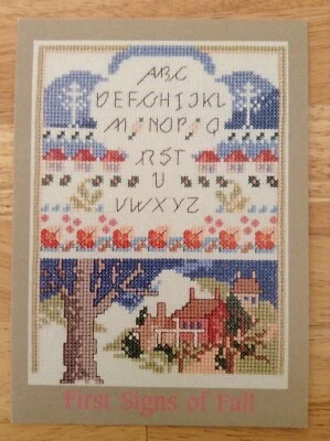 First Signs of Fall counted cross stitch pattern card, linen & floss lot - Image 1 of 2