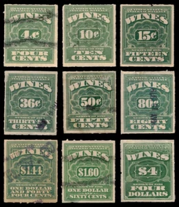SALE! 9 U.S. Revenue Wine Stamps ~ RE34-RE53 ~ Series of 1916 ~ Nice Selection - Picture 1 of 1