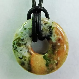 Green, Tan, Cream Agate 1 3/16" Stone Donut 22" Leather Cord Necklace New #45 - Picture 1 of 3