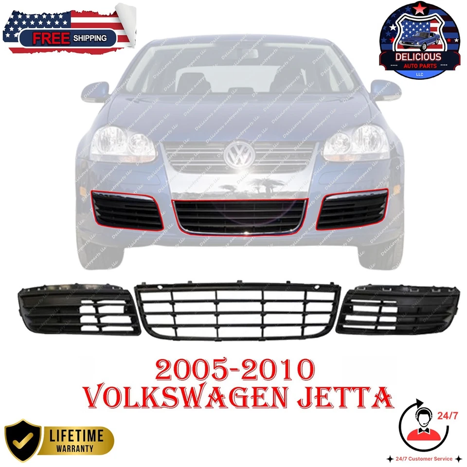New Fog Light Covers & Center Grille Kit Black For 05-10 VW Jetta Sedan Set of 3 - Image 1 of 4