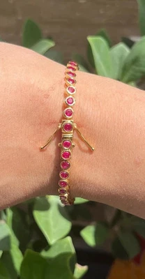 1.87Ct Round Cut Natural Red Ruby Link Tennis Bracelet 14K Solid Yellow Gold - Image 1 of 4