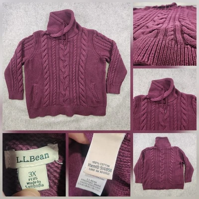 L.L.Bean Sweater Womens 3X Plus Plum Cable Knit Cowl Neck Pullover Pockets Warm - Image 1 of 4