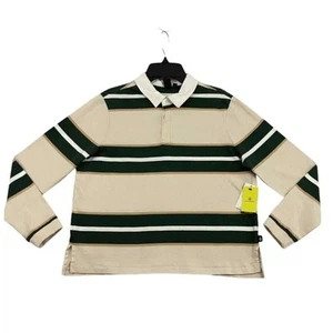 Volcom Polo Shirt Girls Size Small 7/8 Long Sleeve Beige Striped Rugby NEW - Picture 1 of 15