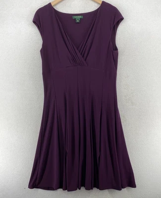 LAUREN RALPH LAUREN Dress 14 Surplice Fit and Flare Cap Sleeve Stretch Purple - Image 1 of 4