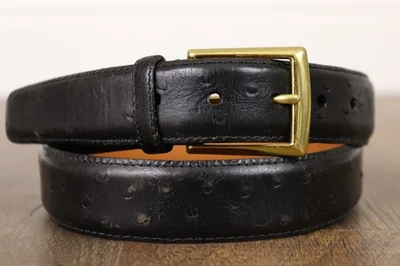 MARTIN DINGMAN Men's Size 34 Black Leather Dress Belt Ostrich Quill Grain Brass - Image 1 of 4