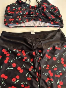 Bikini Set Cherry Women XL Black Red Sexy Bandeau Top Boy shorts Ruching Swim - Picture 1 of 8