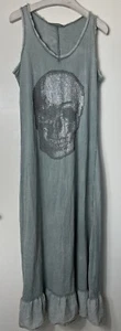 MADE IN ITALY Grey Diamanté Skull 100% Cotton Maxi Dress One Size UK 8 10 12 - Picture 1 of 6