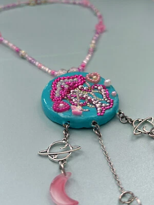 Handmade Pink Rhinestone Extraterrestrial Jellyfish Beaded Charm Necklace - Image 1 of 4