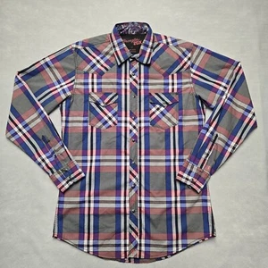 Wrangler 20X Mens Shirt Large Tall Blue Purple Plaid Pearl Snap Long Sleeve - Picture 1 of 16
