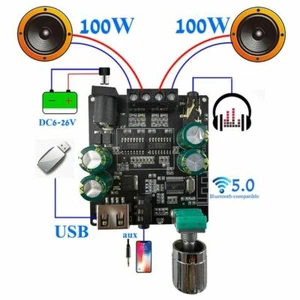 HiFi Bluetooth 5.0 Power Digital Amplifier Board 100W*2 Mini Stereo Audio Amp - Picture 1 of 12