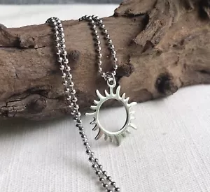 Sun Pendant Silver Stainless Steel Ball Chain Necklace Men's Unisex 22" - Picture 1 of 4
