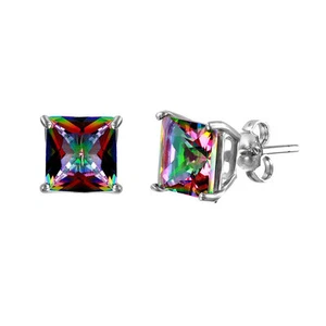 PENDIENTES DE TACHUELAS DE PLATA ESTERLINA 925 CORTE PRINCESA CON TOPACIO MÍSTICO / 7 MM CUADRADOS - Imagen 1 de 2