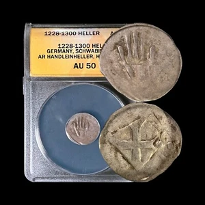 GERMANY. 1228, Heller, Silver - ANACS AU50 - Top Pop 🥇 Hall, Right Hand of God - Picture 1 of 8