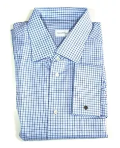 ERMENEGILDO ZEGNA Mens Blue Aqua Tattersall Check French Cuff Dress Shirt 18 46 - Picture 1 of 12