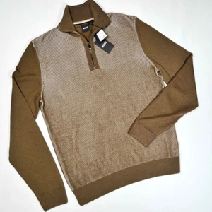Men's BOSS Sweater NEW Wool Blend Half Zip Closure Size S Brown White Ribbed - Picture 1 of 8