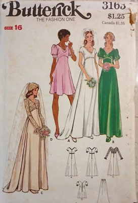 BUTTERICK 3163 VTG 70s Bridal Wedding Gown Dress High Bodice V-neck 16 UNCUT Sew - Image 1 of 4