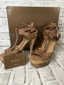 Gucci Lifford sandali donna taglia 9 cinturino a T pelle tacco vintage marrone oro - Foto 1 di 23
