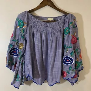 Ruby Yaya Womens Off the Shoulder Top XS Blue Embroidered Sequins Boho Beach - Picture 1 of 9