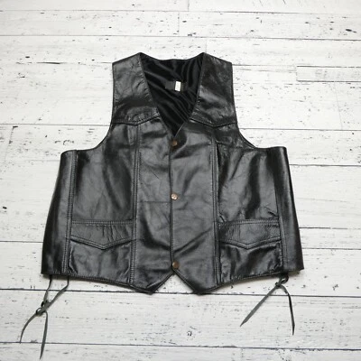 Route 66 皮革背心 48 码黑色无袖摩托车骑行服装口袋 — 第 1/4 张图片