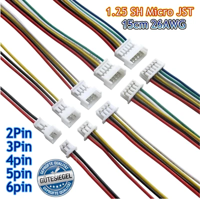 ✅ 1.25mm 1.25 Micro JST Stecker Buchse Paar je 15cm 26AWG Kabel  2 3 4 5 6 Pin ✅ - Bild 1 von 4