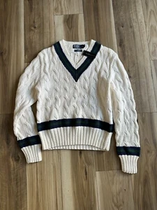 Vintage New Polo Ralph Lauren Varsity Cricket Striped Trim Knit V-Neck Sweater L - Picture 1 of 3