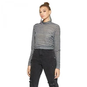 wild Fable Women's Striped Long Sleeve Glitter Crop Mock Neck Top Shirt - Picture 1 of 7