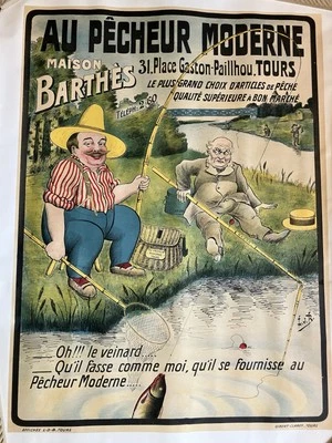Pôster vintage original "Au Pecheur Moderne" equipamento de pesca francês 1900 - Imagem 1 de 4