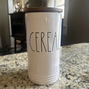 Rae Dunn Cereal Container Ceramic w Wood Sealed Cover White "Cereal" Artisan - Picture 1 of 9