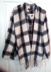 Aqua Black/Off White Check Ladies Coat with Detachable Scarf, New, Size Medium - Picture 1 of 4