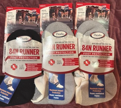 3 Pair Thorlos Men's 84N Runner Medium Fits 5.5 - 8.5.  2 White / 1 Black - Image 1 of 4