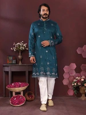 Wedding Party Wear Cotton With Embroidery work Kurta Pajama Set For Men's - Image 1 of 4