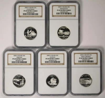 5 Coin Set 2005-S State Quarter 25C Silver PF 69 Ultra Cameo NGC CA MN OR KS WV - Image 1 of 2