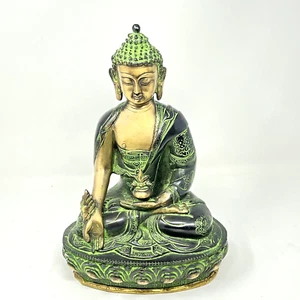 Asian Tibetan Brass Buddha Statue 12" Green Medicine Shakyamuni Figurine Decor - Picture 1 of 8