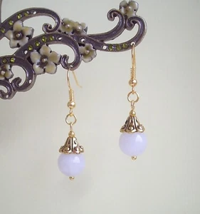 Pretty Milky White Jade Vintage Styled Gold Plated Drop Earrings in Gift Bag - Picture 1 of 7