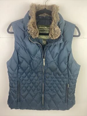 Eddie Bauer Premium Goose Down Faux Fur Collar Vest Women's Large Blue Quilted - Image 1 of 4