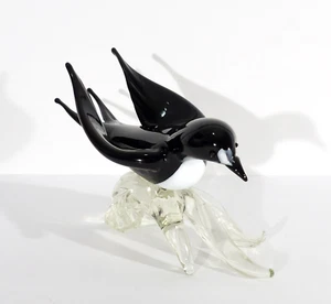 Arte Murano ICET Bird on Branch Figurine Art Glass Large 10" Long Black White - Picture 1 of 7