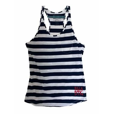 Camiseta sin mangas Billa Bong azul para mujer blanca a rayas espalda cruzada bordada logotipo rojo talla M Foto 1 de 4