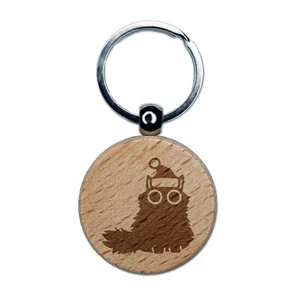 Fluffy Black Cat Santa Hat Christmas Engraved Wood Round Keychain Tag Charm - Picture 1 of 6
