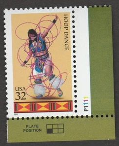 US 3076 American Indian Dances Hoop Dance 32c plate single LR P1111 MNH 1996 - Picture 1 of 1