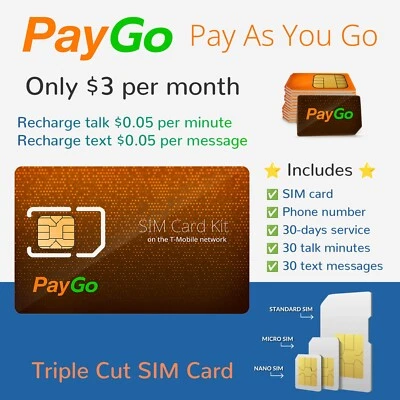 T-Mobile PayGo $3/month Pay As You Go SIM Card $0.05 Talk/Text 60 credits/month - Image 1 of 4
