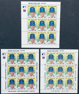 3 ST VINCENT NOLAN RYAN ACHIEVEMENTS STAMPS SHEETS 1989 1990 MNH BASEBALL SPORTS - Picture 1 of 4